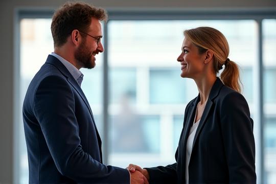 Two diverse professionals, a man and a woman, shaking hands in a modern, light-filled office, symbolizing collaboration and innovation.